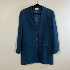 Olsen Blue Plaid Blazer Women’s Small Linen Pockets Long Three Buttons NWT